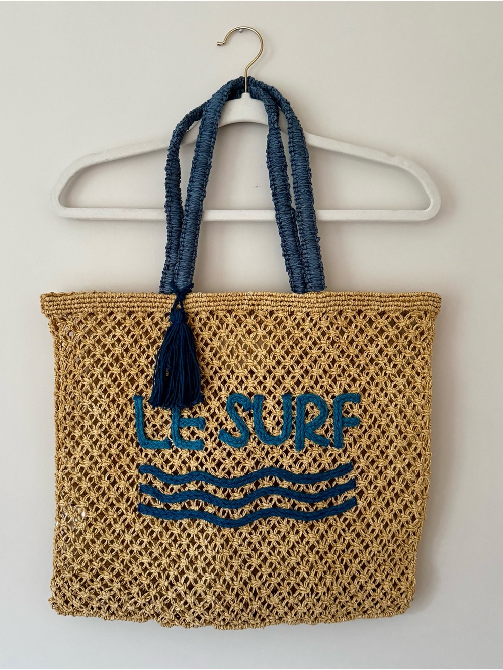 NWOT Lu & Elle Woven Embroidered Le Surf Beach Bag Tote, Natural & Blue Waves